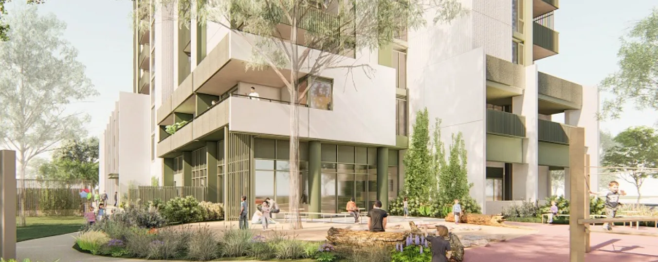 Artist render of the Barak Beacon, Port Melbourne residents enjoying the greenery and spending quality time outdoor