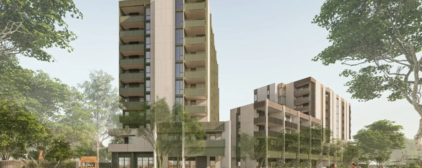 Artist render of the Barak Beacon, Port Melbourne surrounded by greenery 
