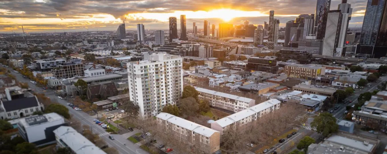 Drone image of Dorcas Street precinct in South Melbourne with Melbourne skyline in the background