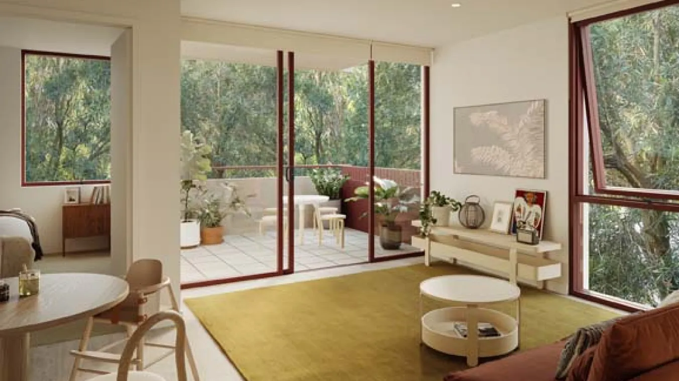 Image of artist render of homes to be built at Simmons Street, South Yarra including lounge room and balcony overlooking trees