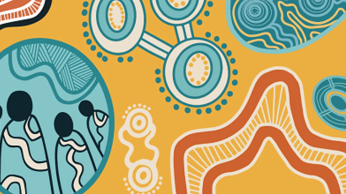 Colourful illustration created by Emma Bamblett depicting 4 key themes: Home, Family, Community and Stability