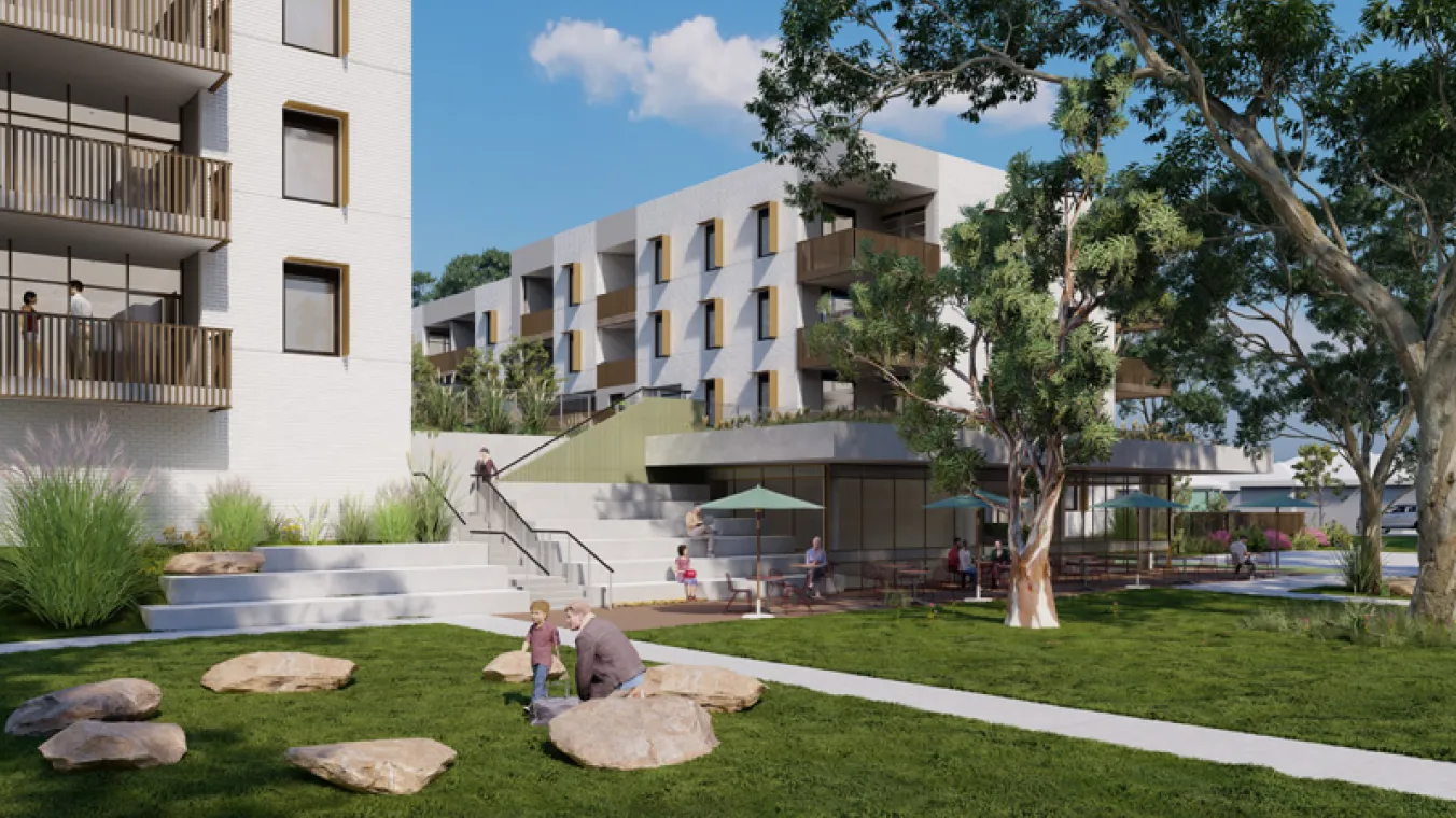 Artist's render of Bluff Road, Hampton East web - grassy lawn in front of building with trees