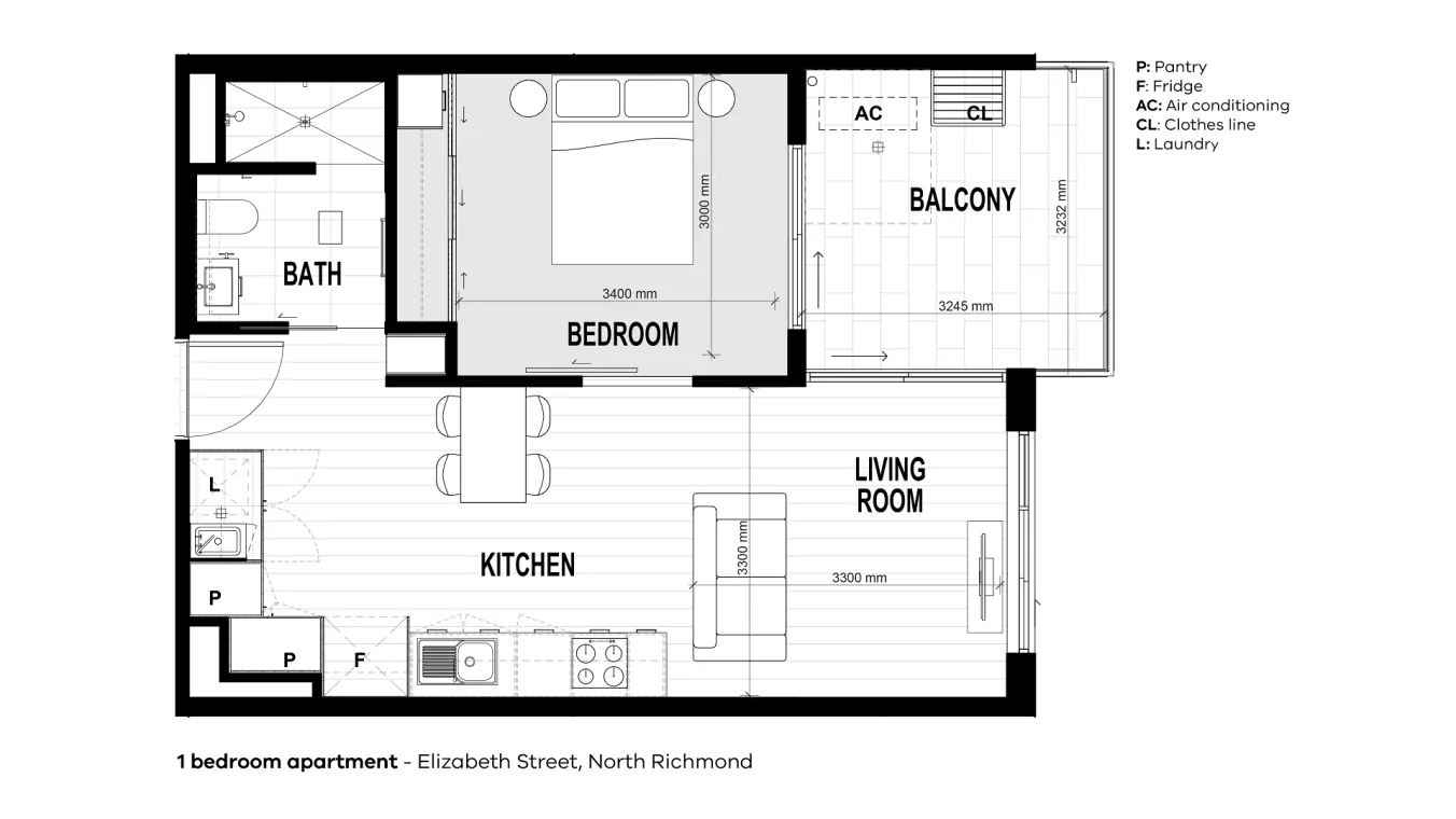 Floor plan of a one-bedroom apartment including a balcony, living room with a kitchen area, bedroom and a bathroom