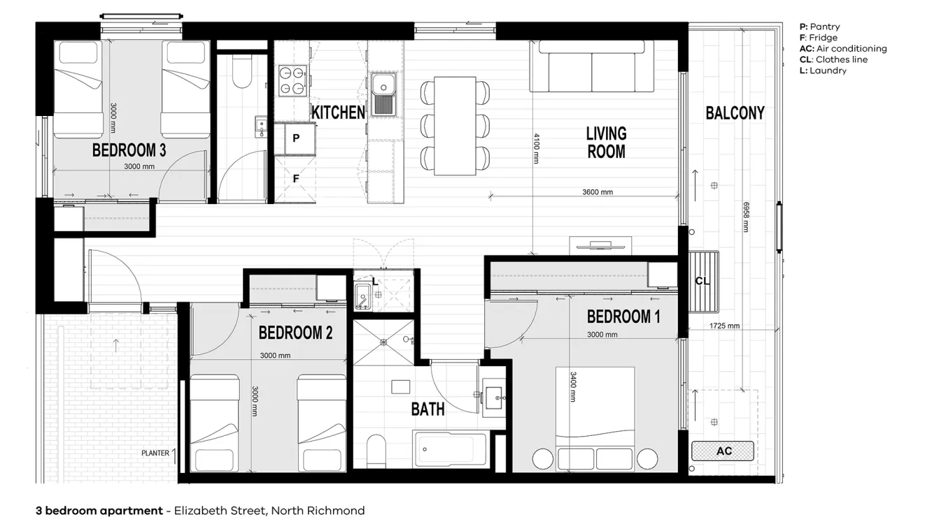 Floor plan of a 3 bedroom apartment including a balcony, living room with a kitchen area, 3 bedrooms with a bathroom in between 2 of them