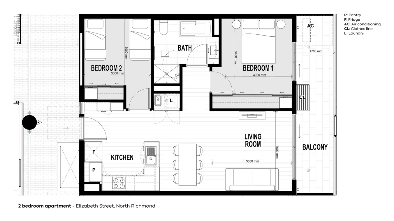 Floor plan of a 2 bedroom apartment including a balcony, living room with a kitchen area, 2 bedrooms with a bathroom in between