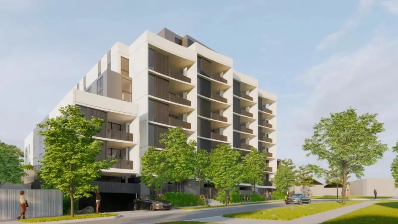 artist render of apartment building with local community around