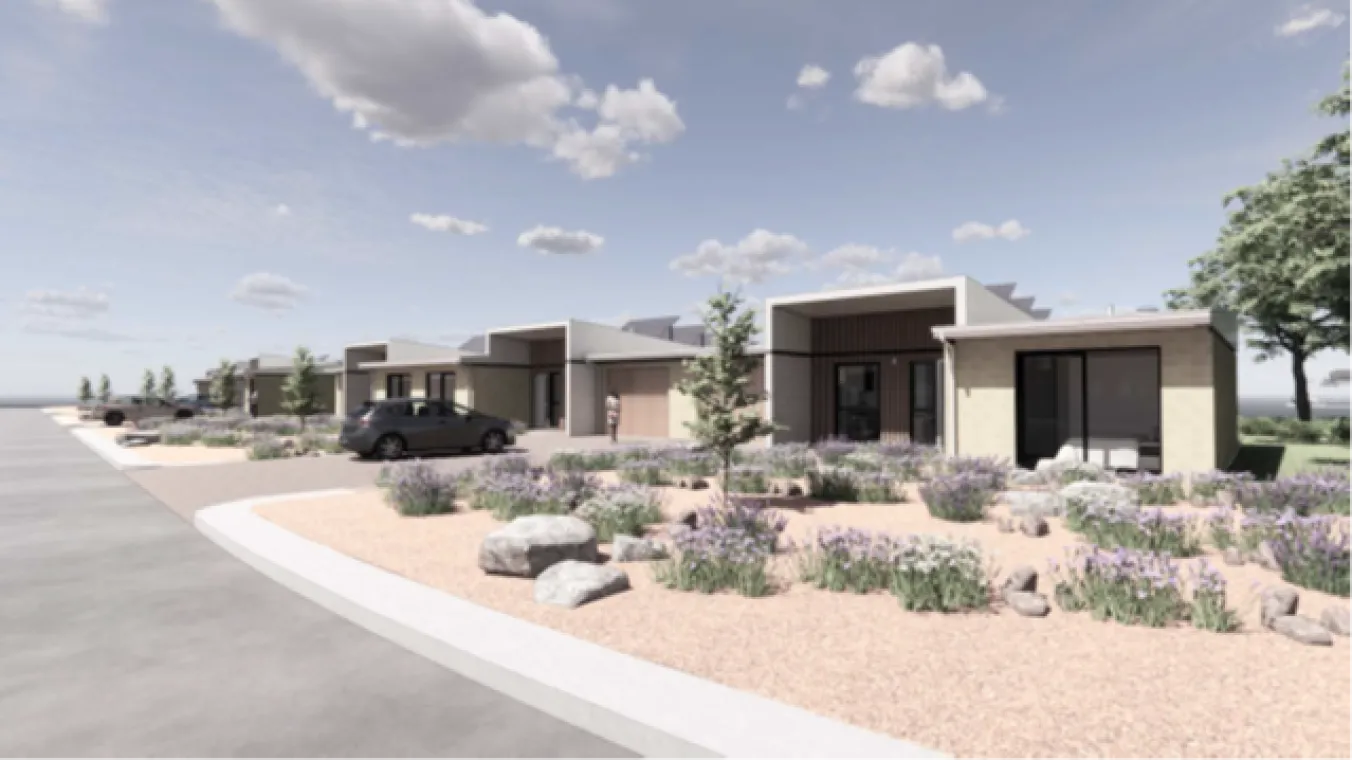 artist render of beautiful houses surrounded by landscaping and open sky