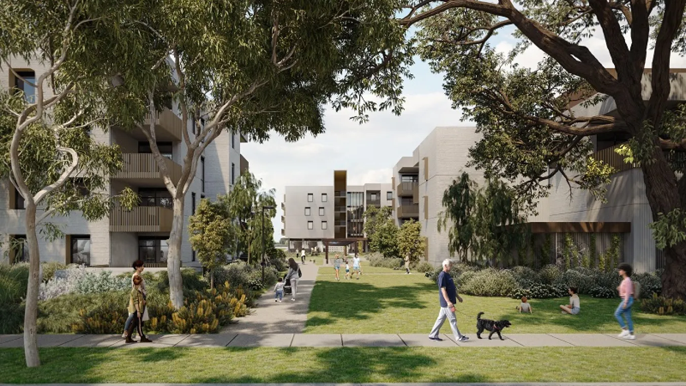 artist render of a new residential apartment with trees and a people around