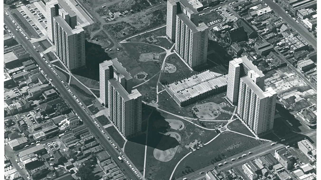 Black and white image of large-scale public housing projects across Melbourne
