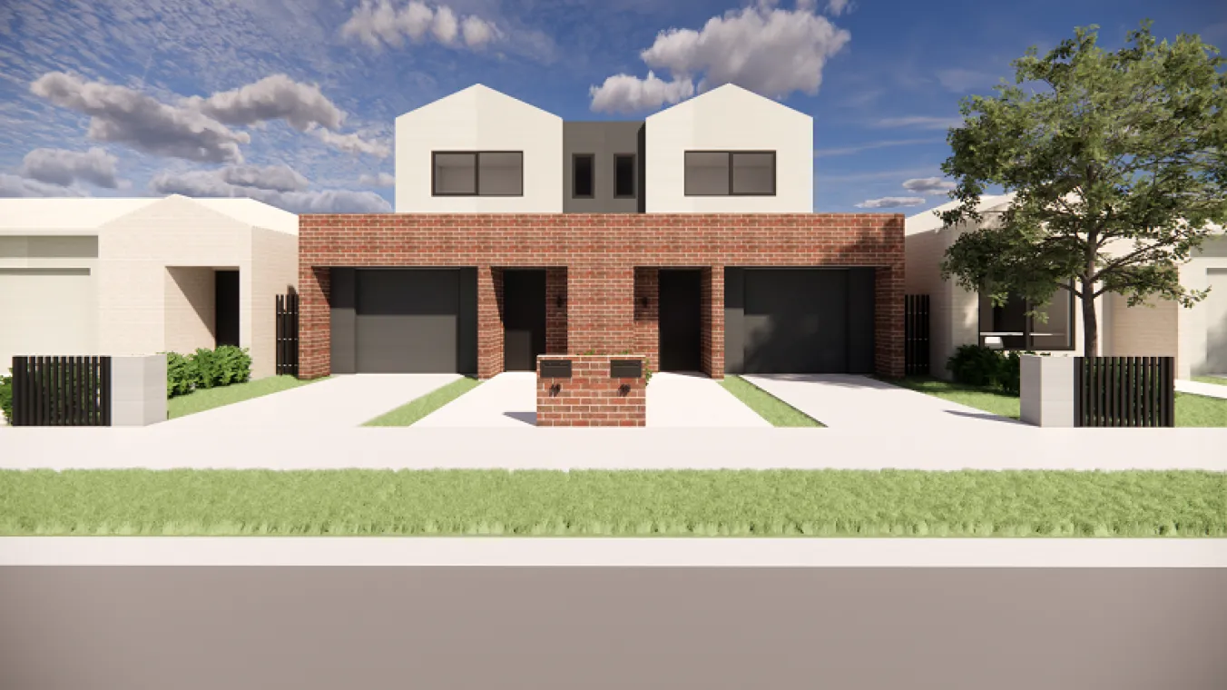 Image of house with red bricks and beautiful greenery and open area