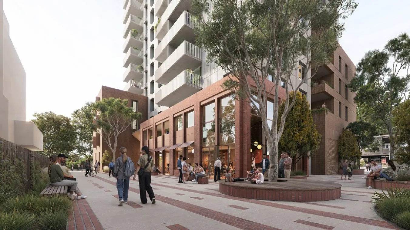 Artist render of large-scale public housing people enjoying the outdoor space