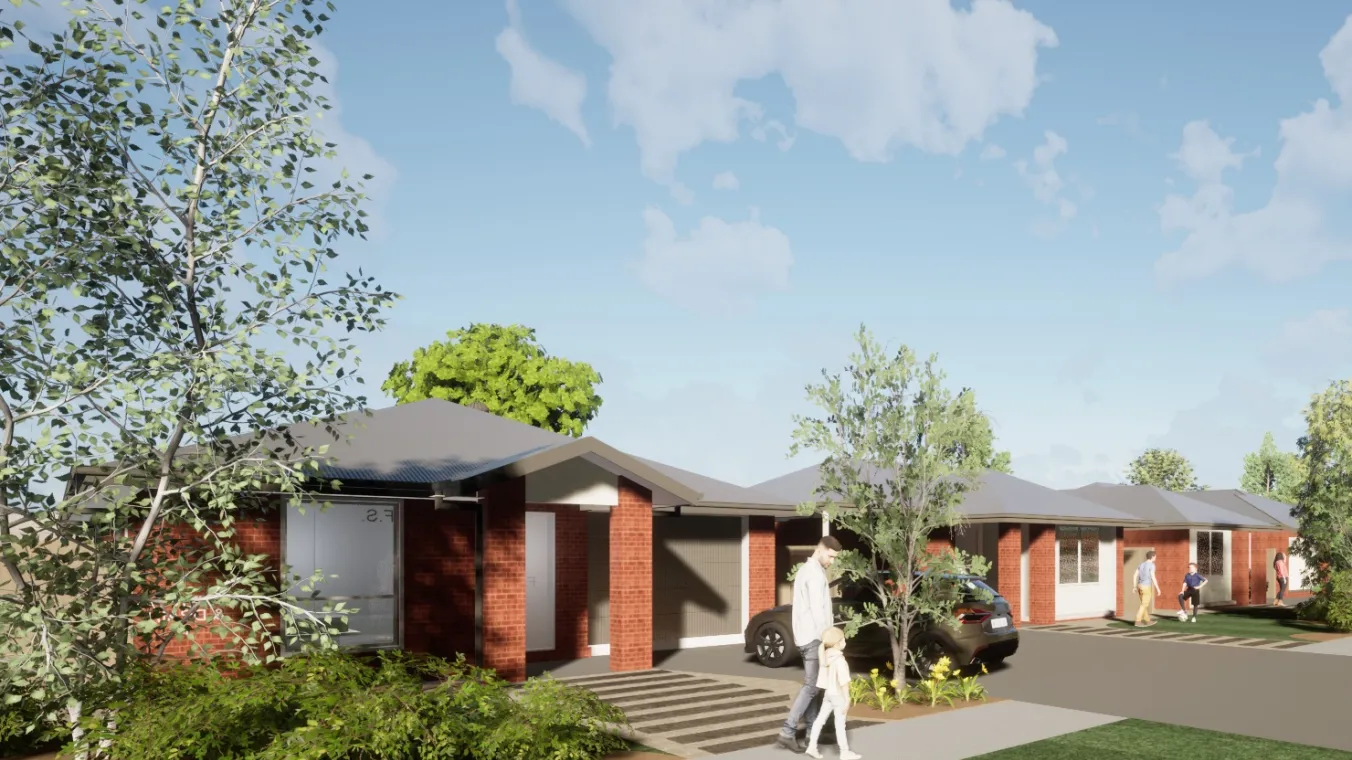 Artist impression of new red bricks homes with trees and shrubs around them