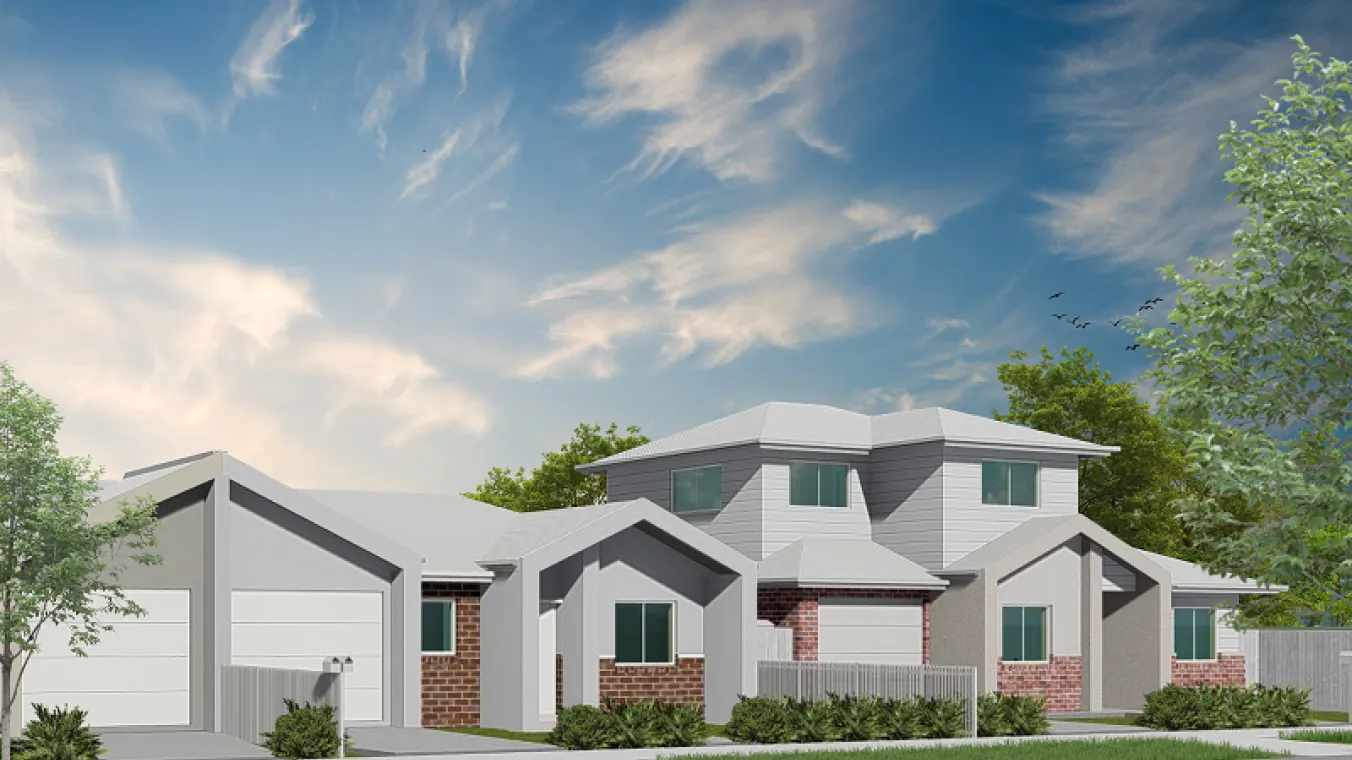 artist render of beautiful houses surrounded by landscaping and open sky