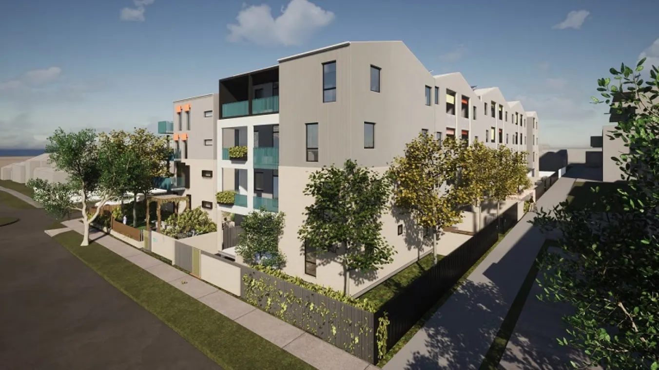 artist render of apartment building with green trees around