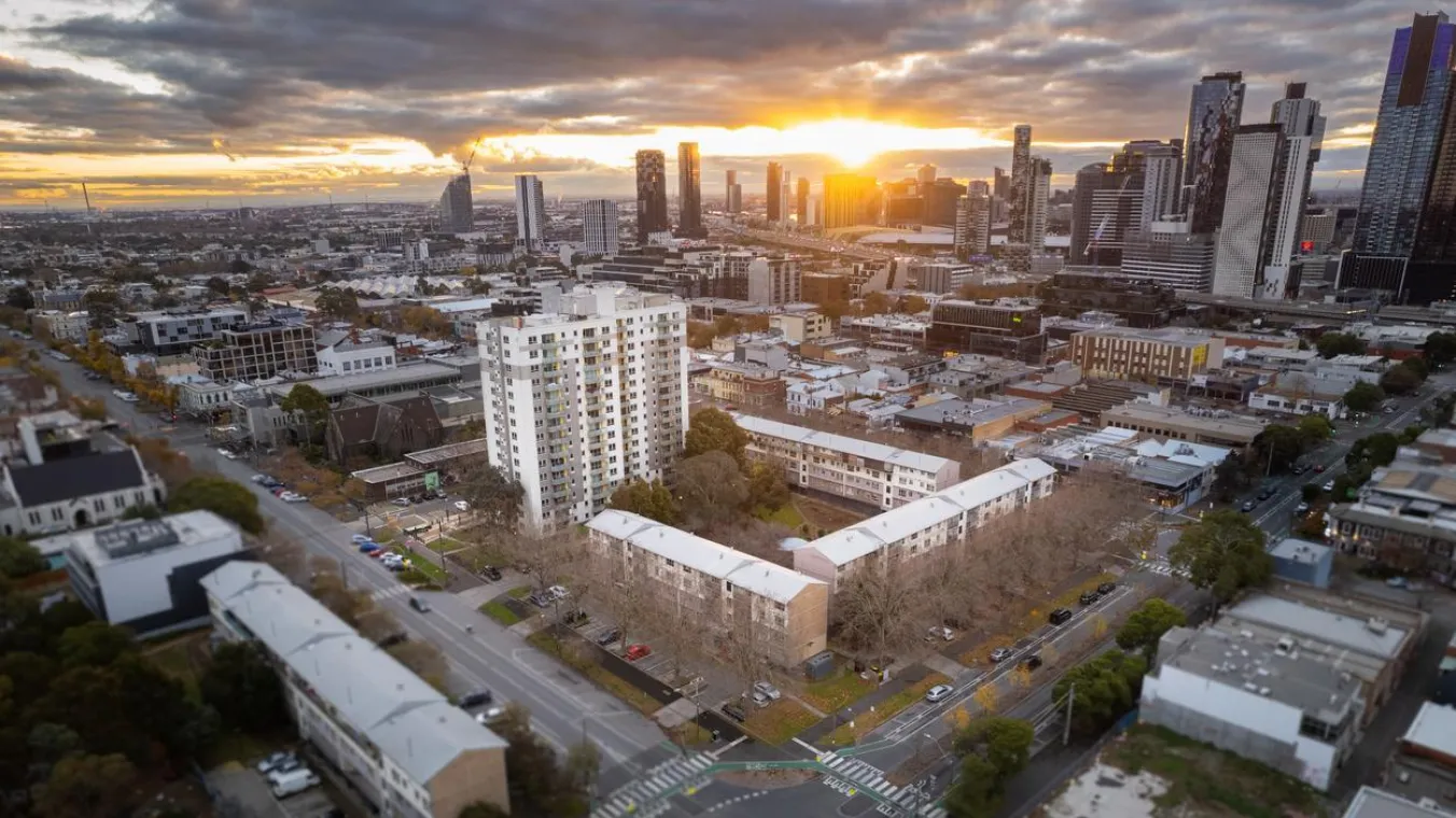 Drone image of Dorcas Street precinct in South Melbourne with Melbourne skyline in the background