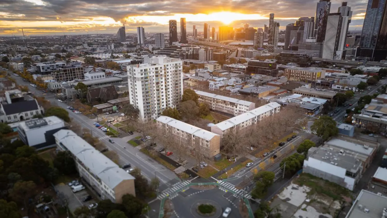 Drone image of Dorcas Street precinct in South Melbourne with Melbourne skyline in the background