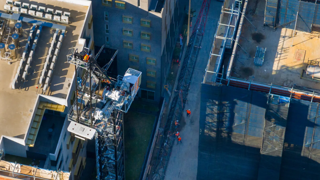Drone image of Elgin Towers Carlton Crane installation 