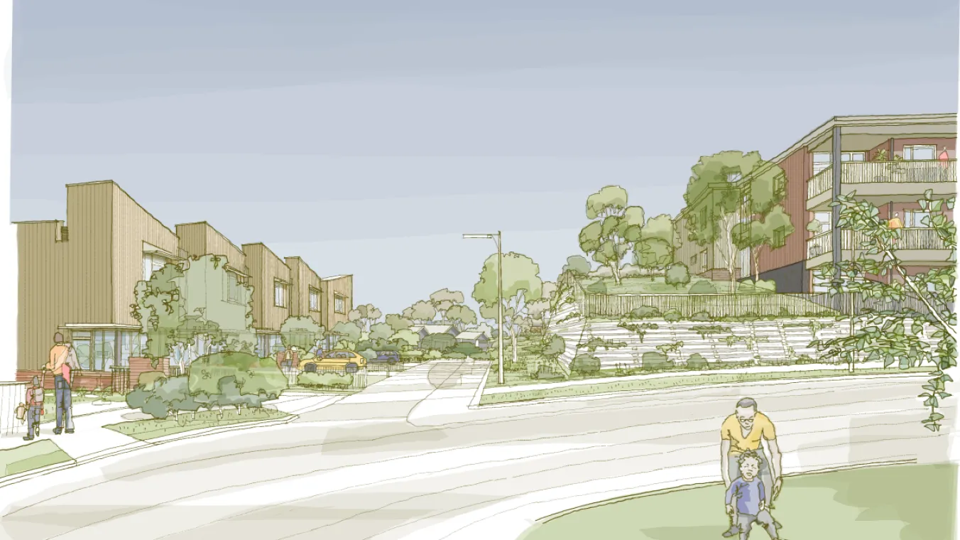 Artistic view with people along with kids, cars parked and trees around the street