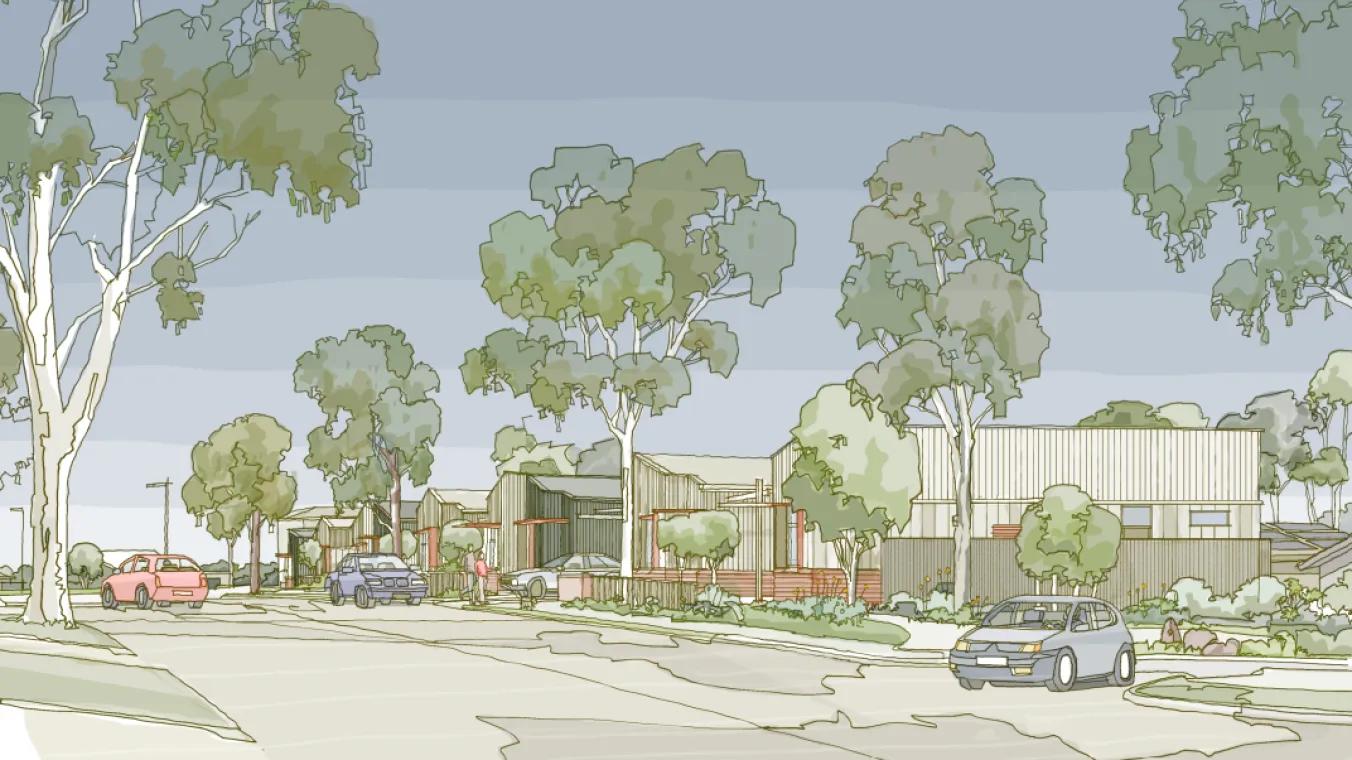 Artist’s impression of  houses surrounded by trees and landscaped areas, with people from the local community interacting outdoors.