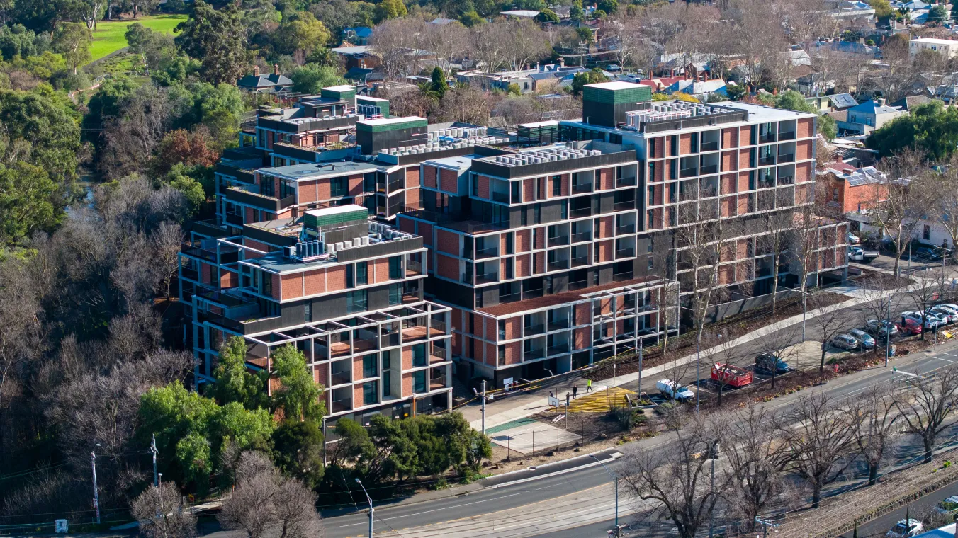 Drone image of residential apartment at Walker Street Northcote