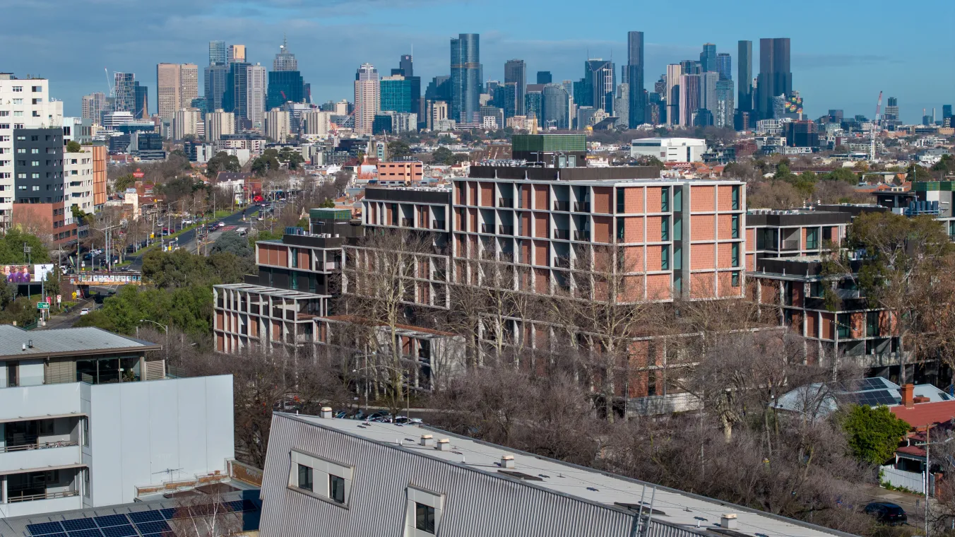 Drone image of residential apartment at Walker Street Northcote