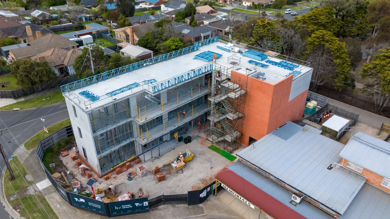 Aerial drone image showing active construction work along Ormond Road in Geelong, with machinery and roadworks visible.