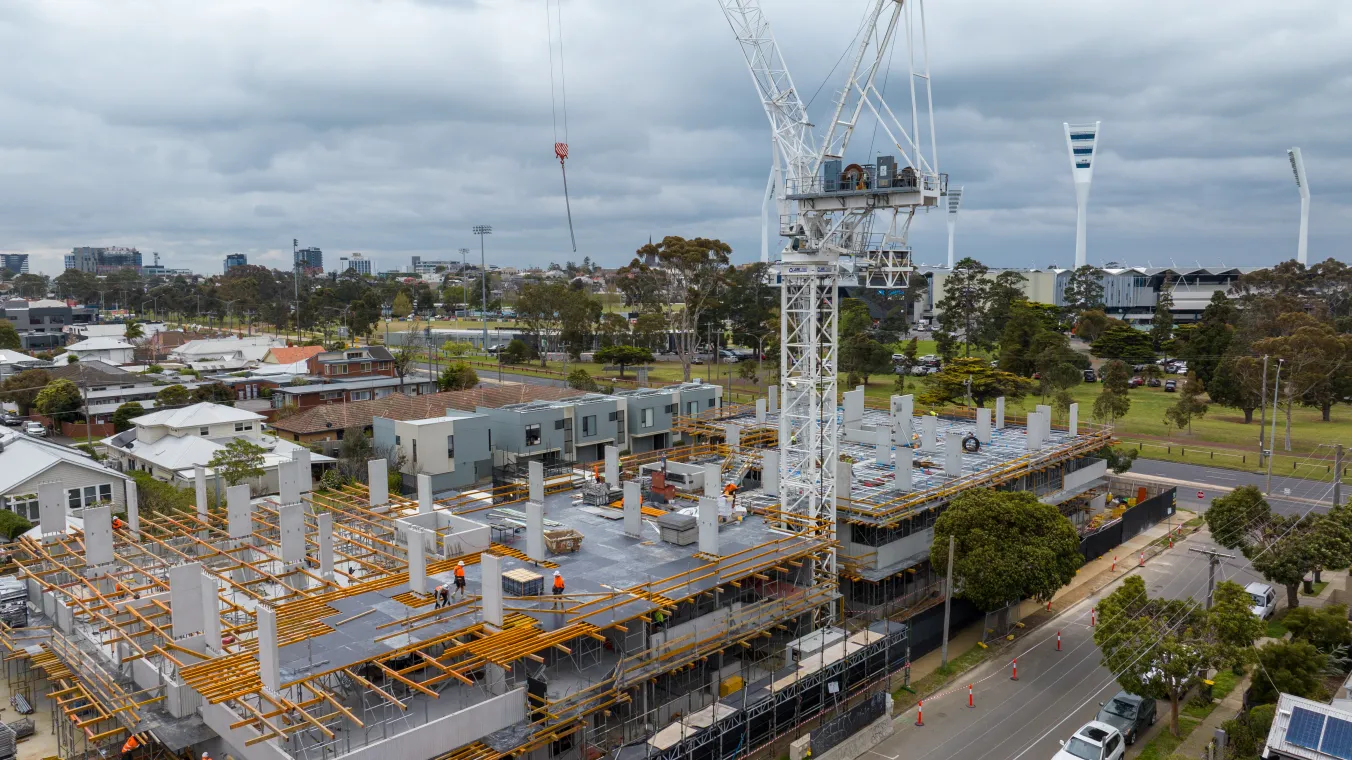 Drone image of construction underway on new social housing in Geelong