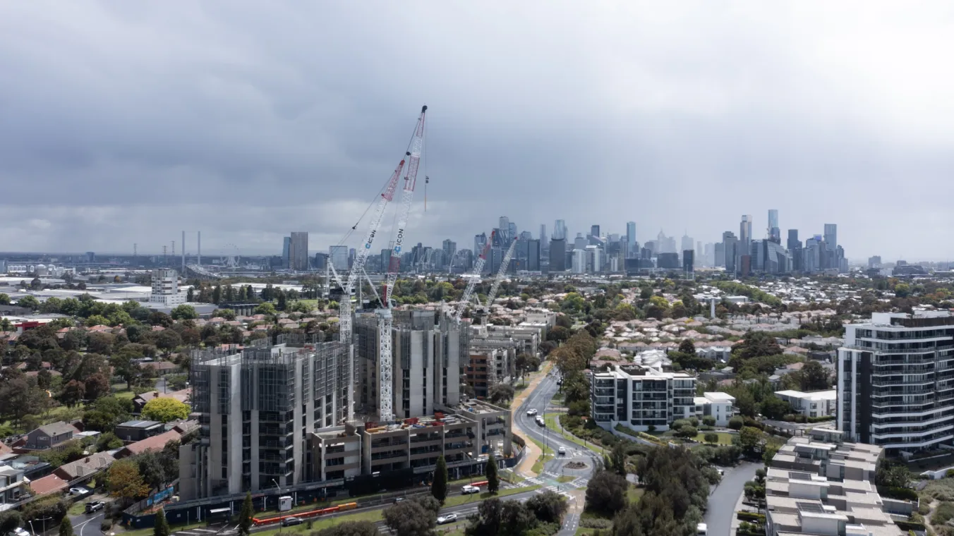 Aerial image of the Barak Beacon construction site with the Melbourne city skyline in the background