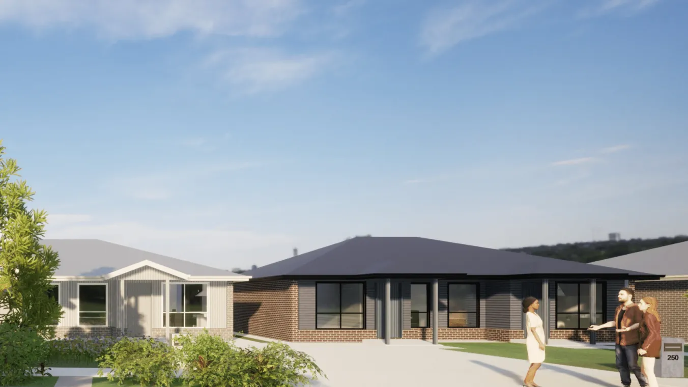 Artist impression of a modern townhouse with people walking nearby and landscaped greenery.