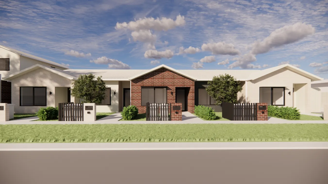 Artist impression of a modern townhouse with landscaped greenery.  