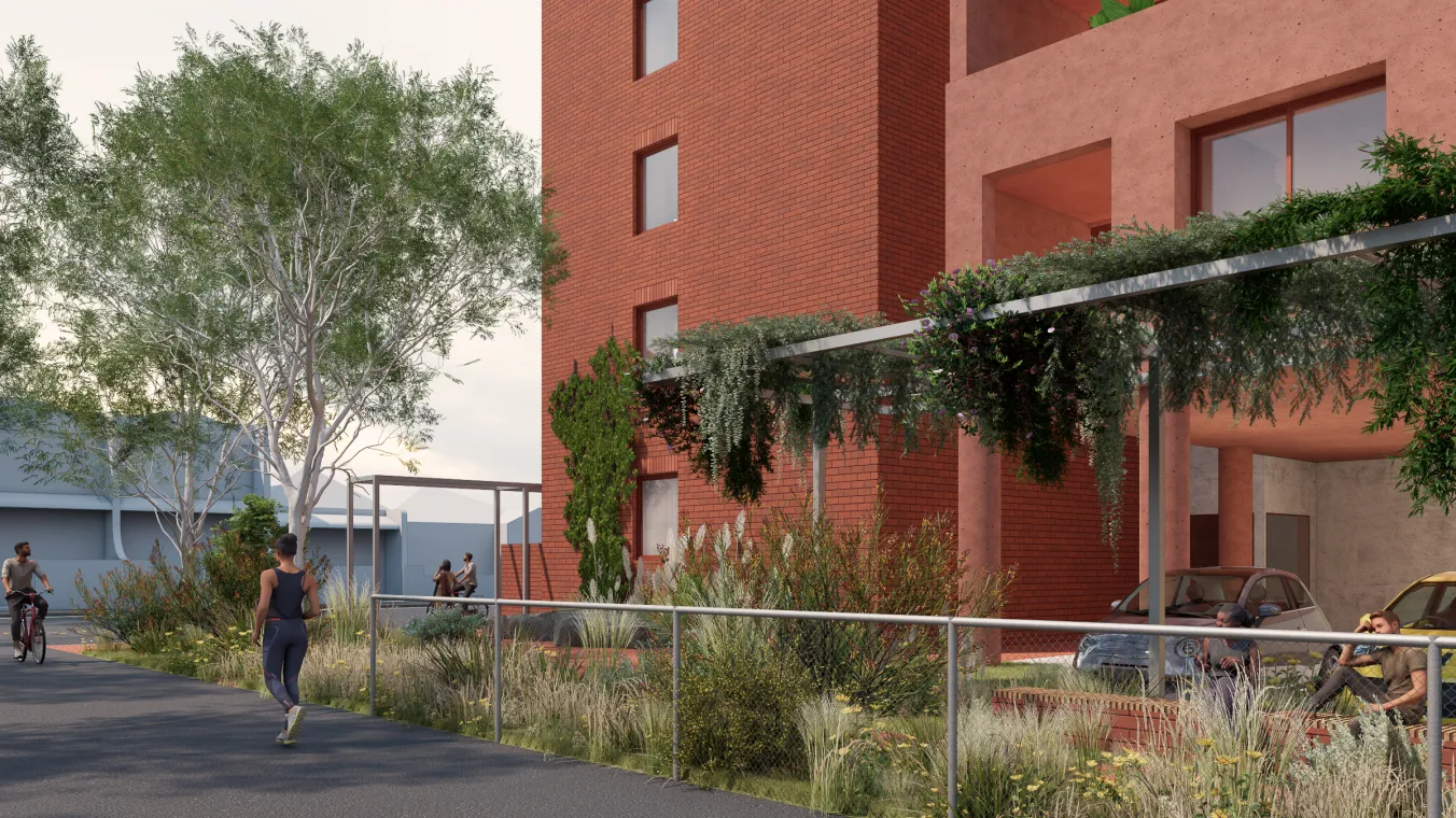 Artist impression showing the proposed modern apartment design for the Clifton Hill redevelopment, including building layout, balconies, and landscaped surroundings.