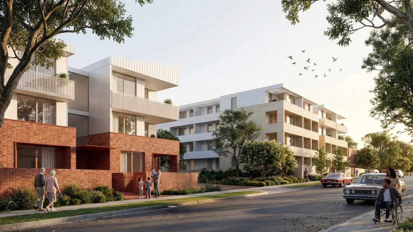 Alamein Street looking south at Buildings A and B 