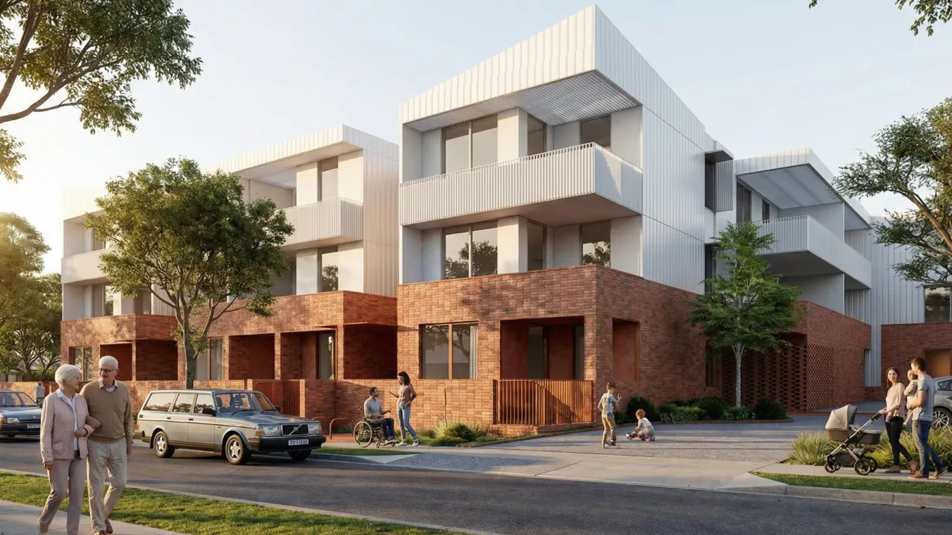 Artist impression showing the proposed modern apartment design for the Clifton Hill redevelopment, including building layout, balconies, and landscaped surroundings.