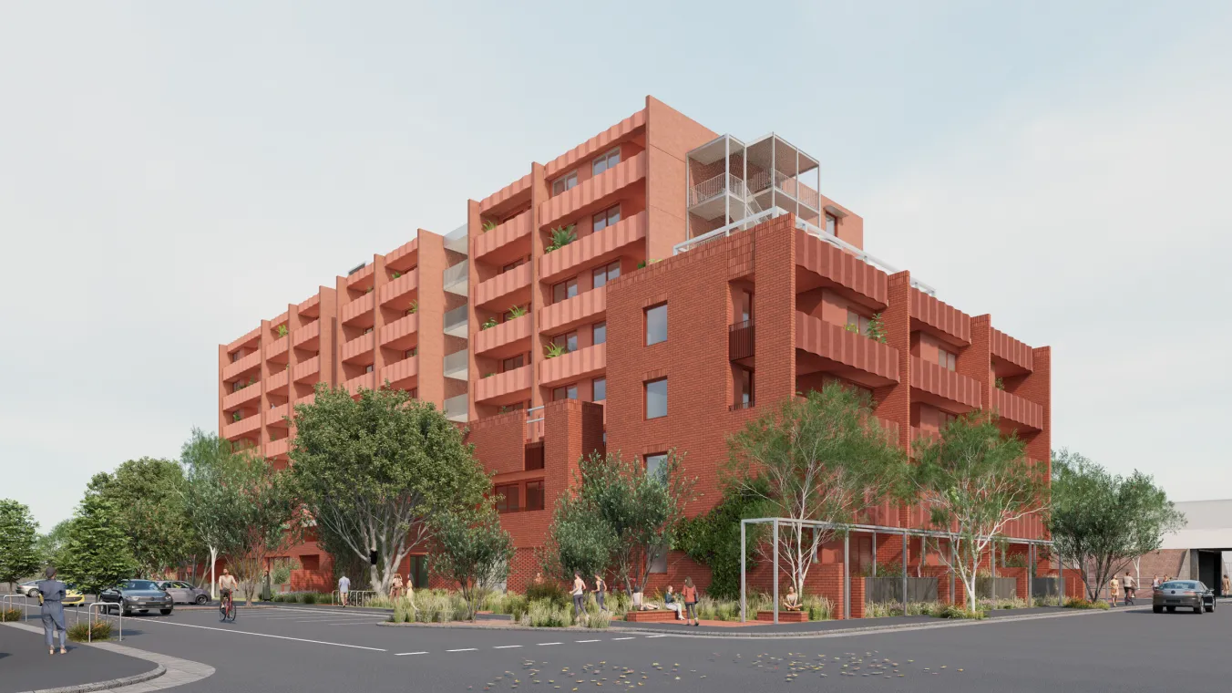 Artist impression showing the proposed modern apartment design for the Clifton Hill redevelopment, including building layout, balconies, and landscaped surroundings.