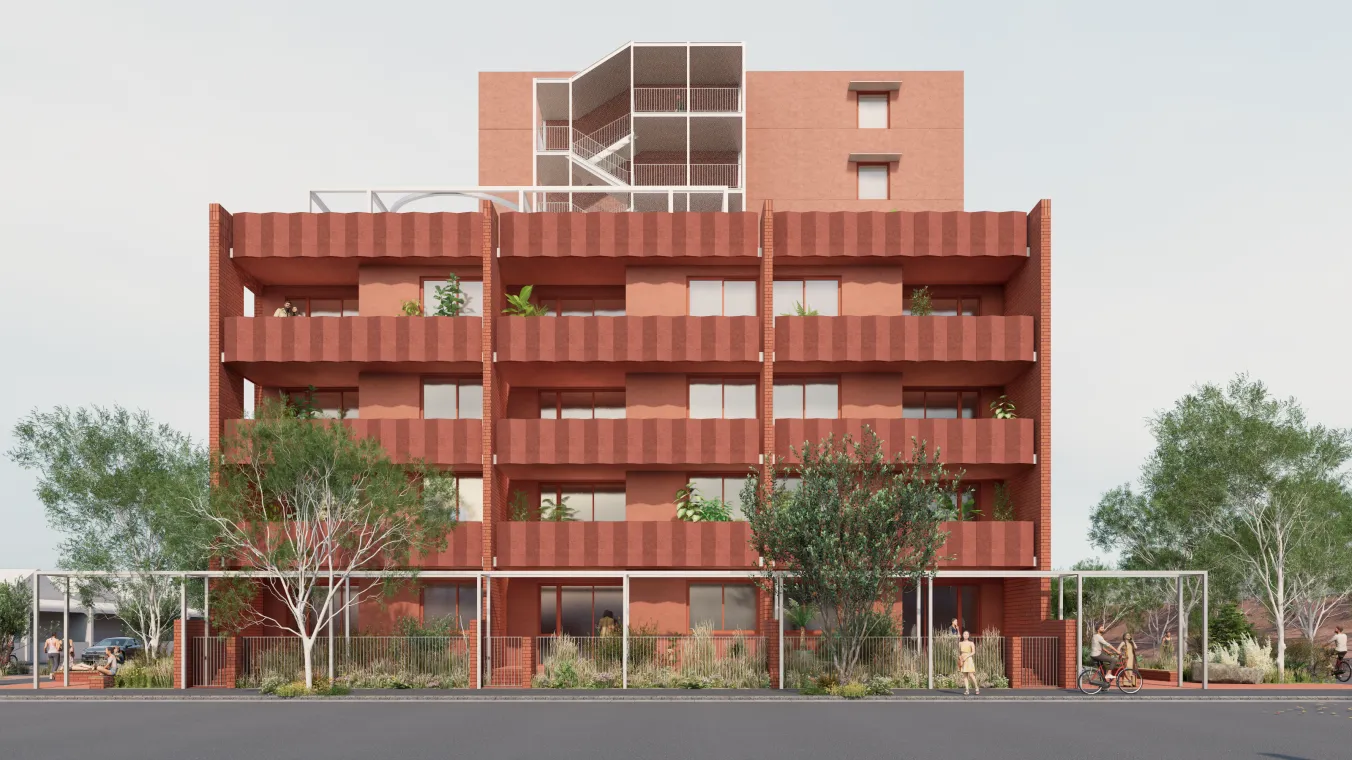 Artist impression showing the proposed modern apartment design for the Clifton Hill redevelopment, including building , balconies, and landscaped surroundings.