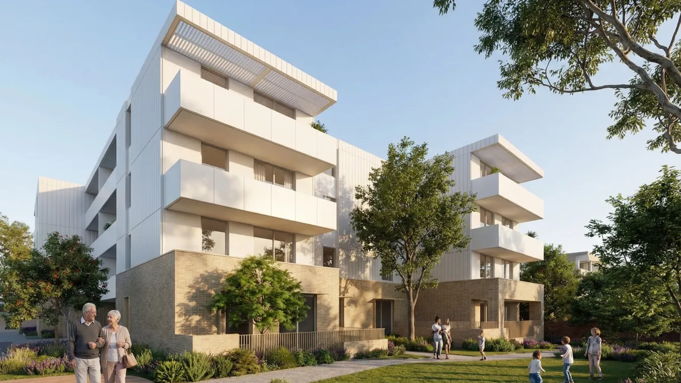 shared outdoor space behind Building B.