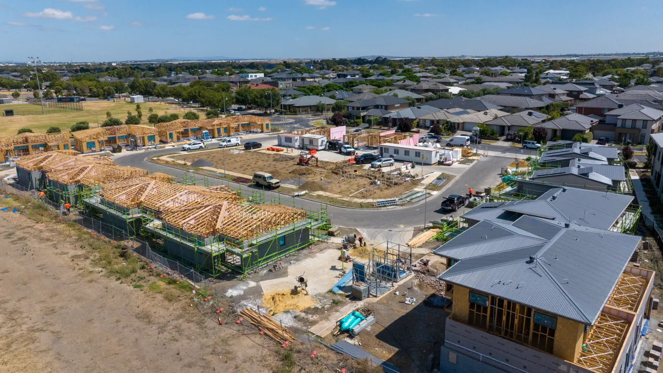Aerial view of active construction area in Lalor for the development of new social housing 