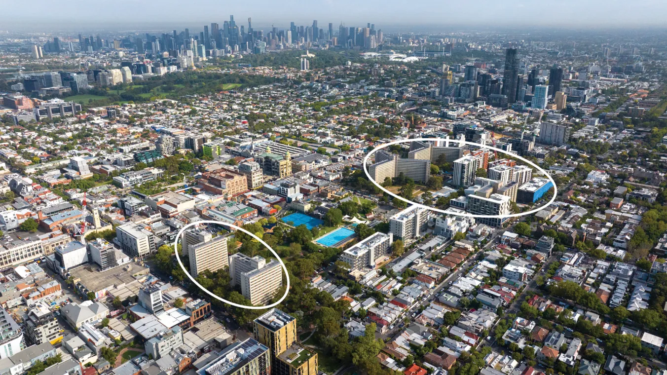 An aerial image of the South Yarra and Prahran precinct with circles around the housing sites