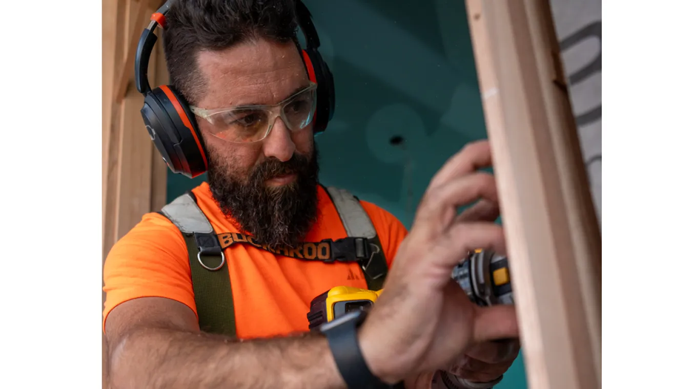 Construction worker with his tools working at the Lalor site. 