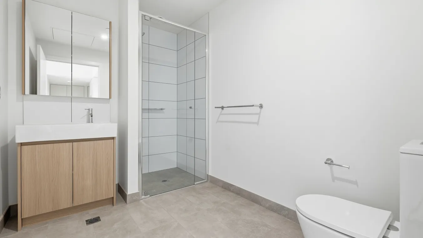 Inside the bathroom with a shower, toilet and a mirrored vanity 