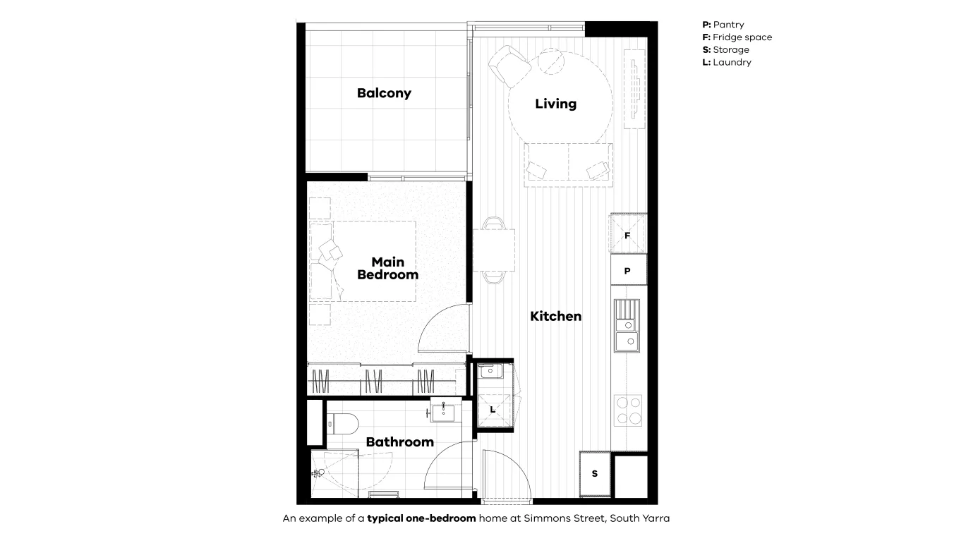 One Bed floor plan Simmons Street South Yarra.