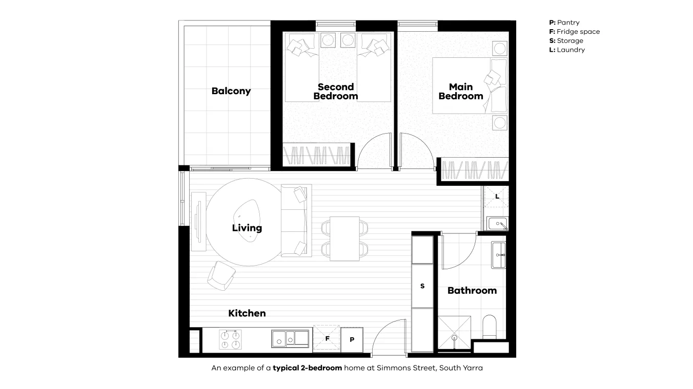 2 Bed floor plan Simmons Street South Yarra.