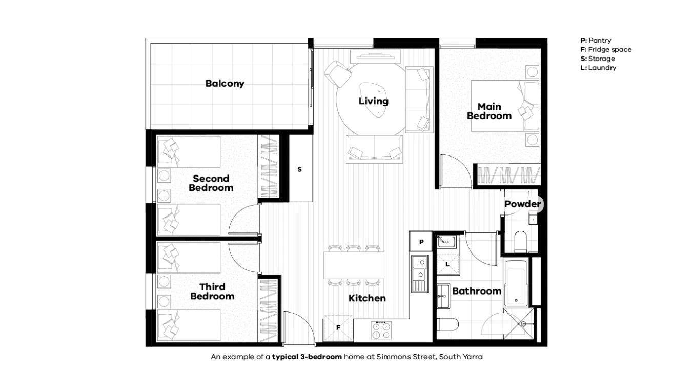 Image of 3 bed floor plan at Simmons Street South Yarra.