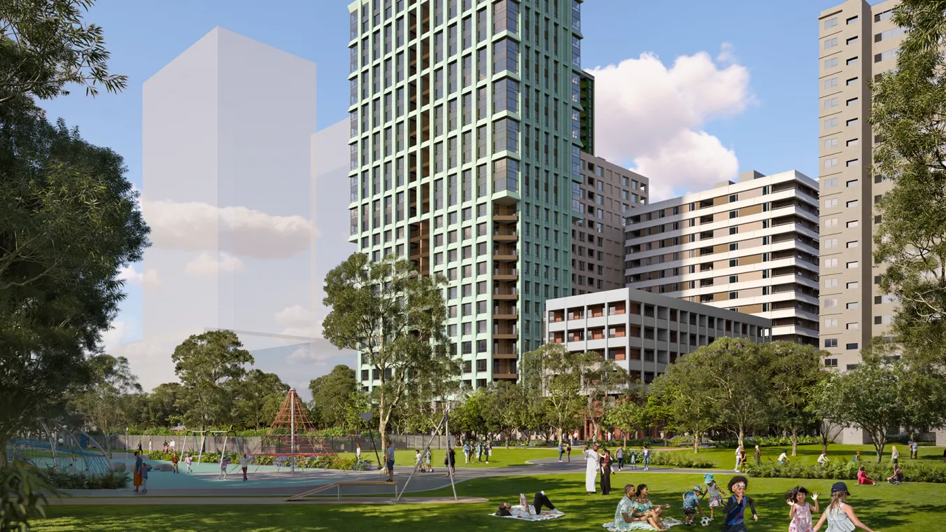 Artist impression of proposed building next to Debneys Park (4CD), facing southwest from Debneys Park.