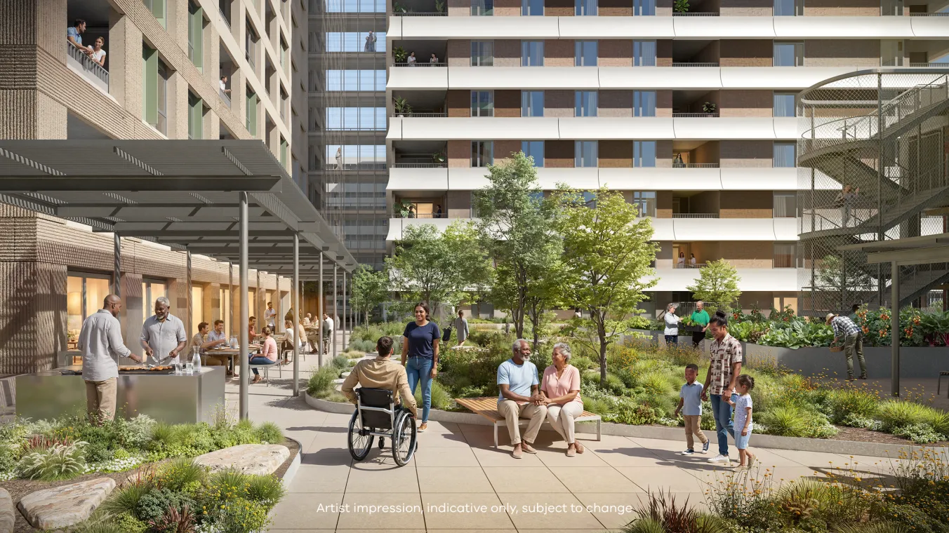 Artist impression (indicative only) of podium communal open space of proposed building next to Debneys Park (4CD)