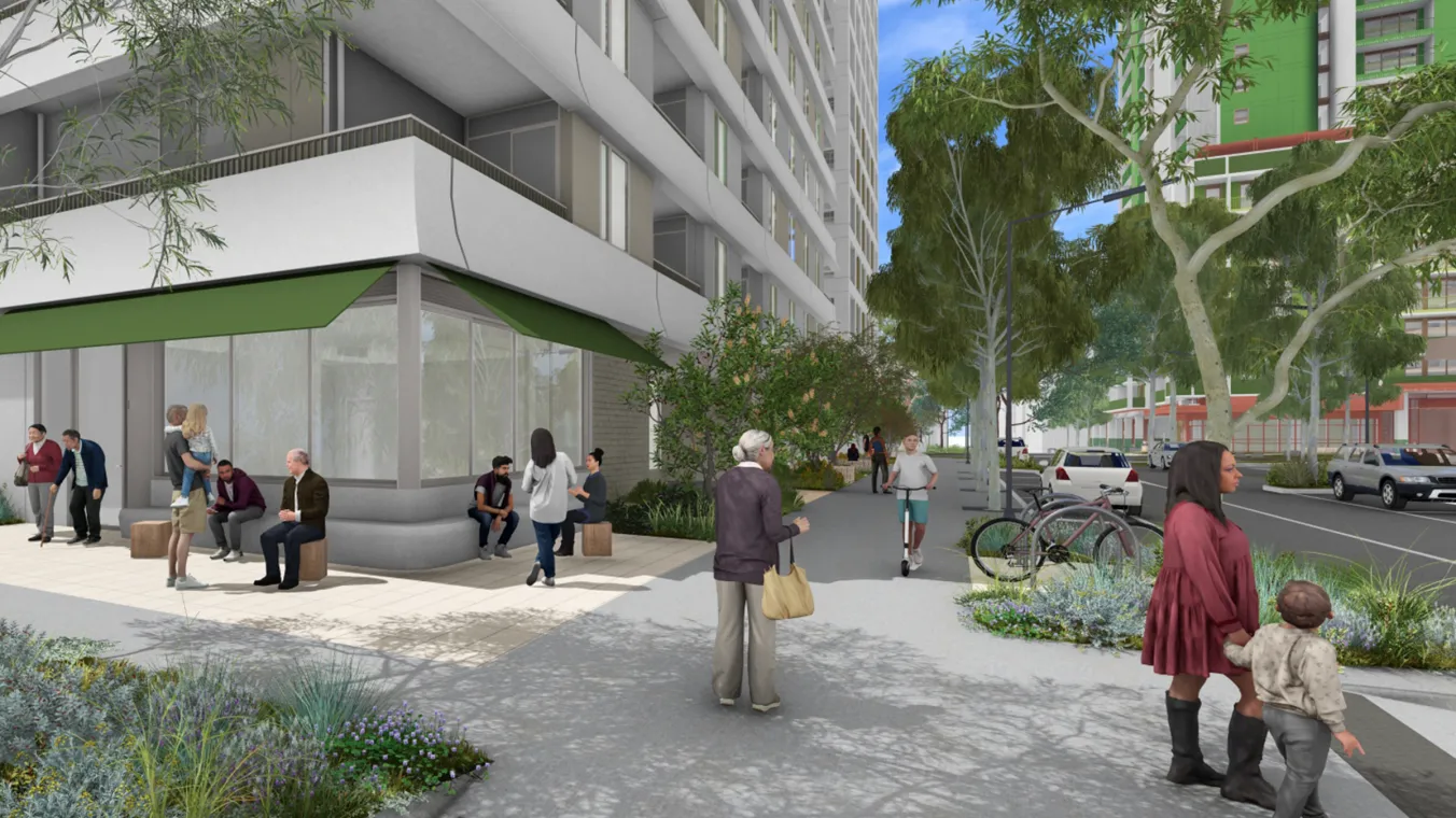 Artist impression (indicative only) of northwest corner of proposed building next to Debneys Park (4CD), showing new street through housing precinct