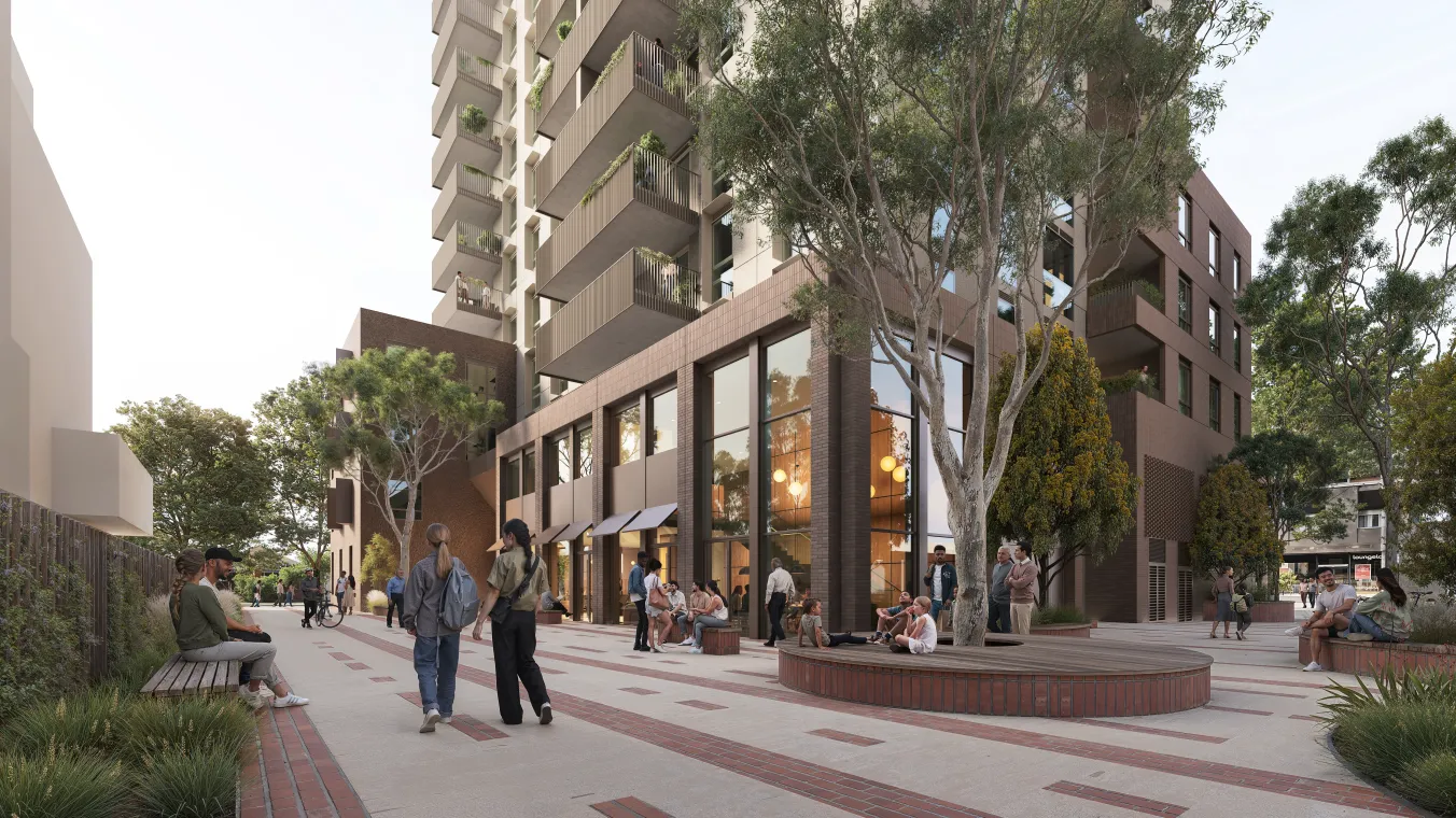 Artist render of large-scale public housing people enjoying the outdoor space