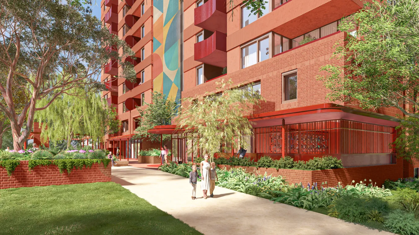 Artist impression of the proposed building entrance and outdoor space looking north from Dorcas Street