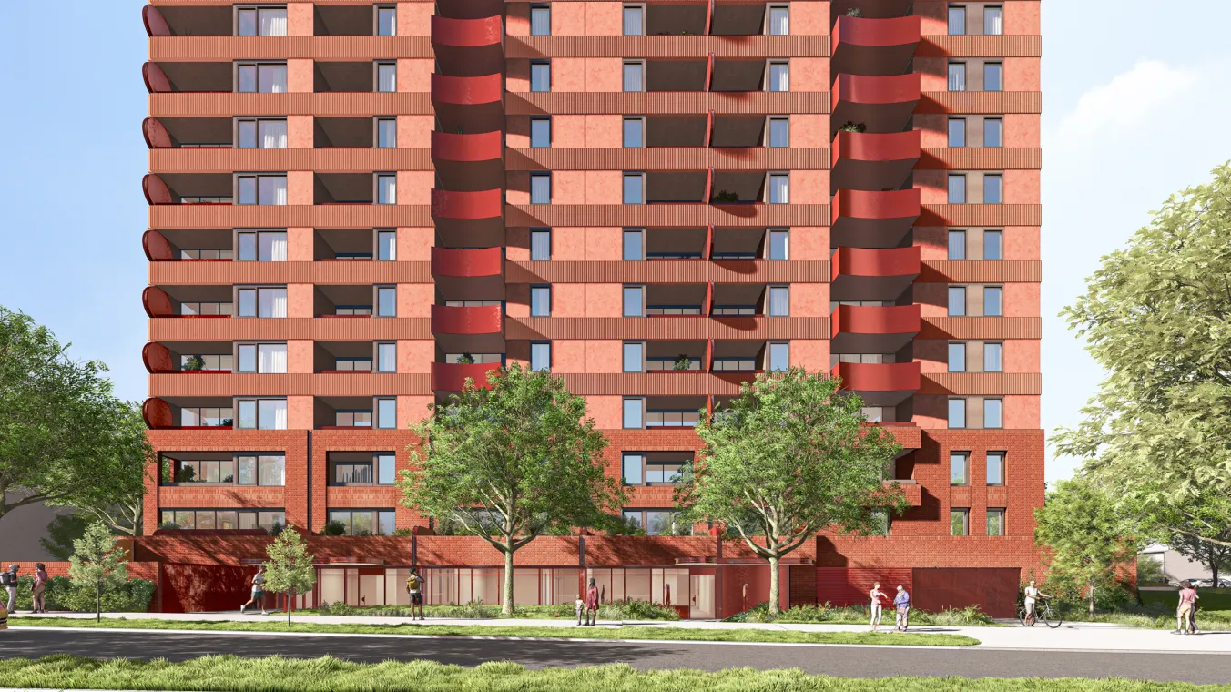 Artist impression of the proposed building on Moray Street, facing east and showing the proposed commercial space(s) on the lower ground floor