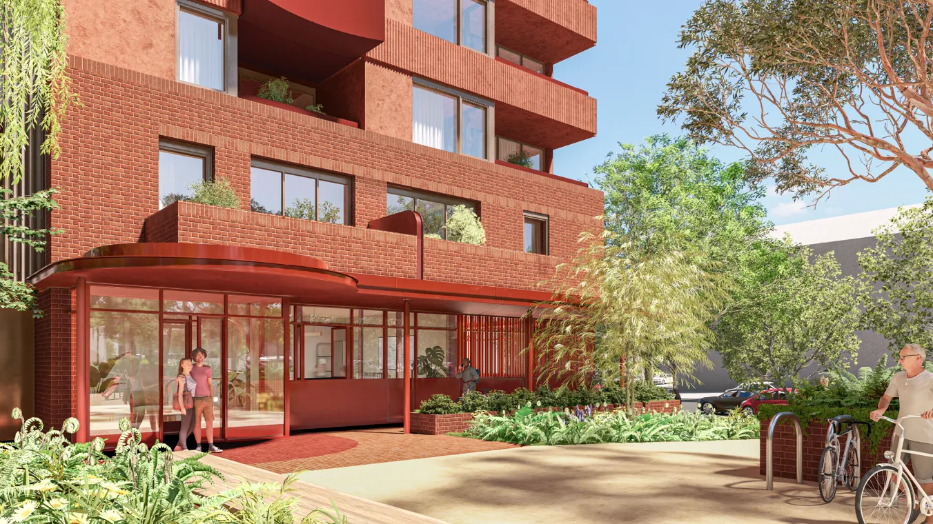 Artist impression of the proposed building entrance and outdoor space looking north from Dorcas Street